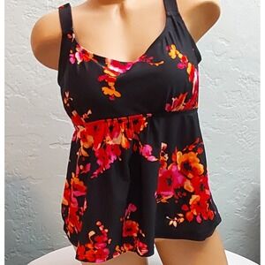 Beach Belle Tankini Top Black Red Swim Built In‎ Bra Swimwear Women's Size 16
